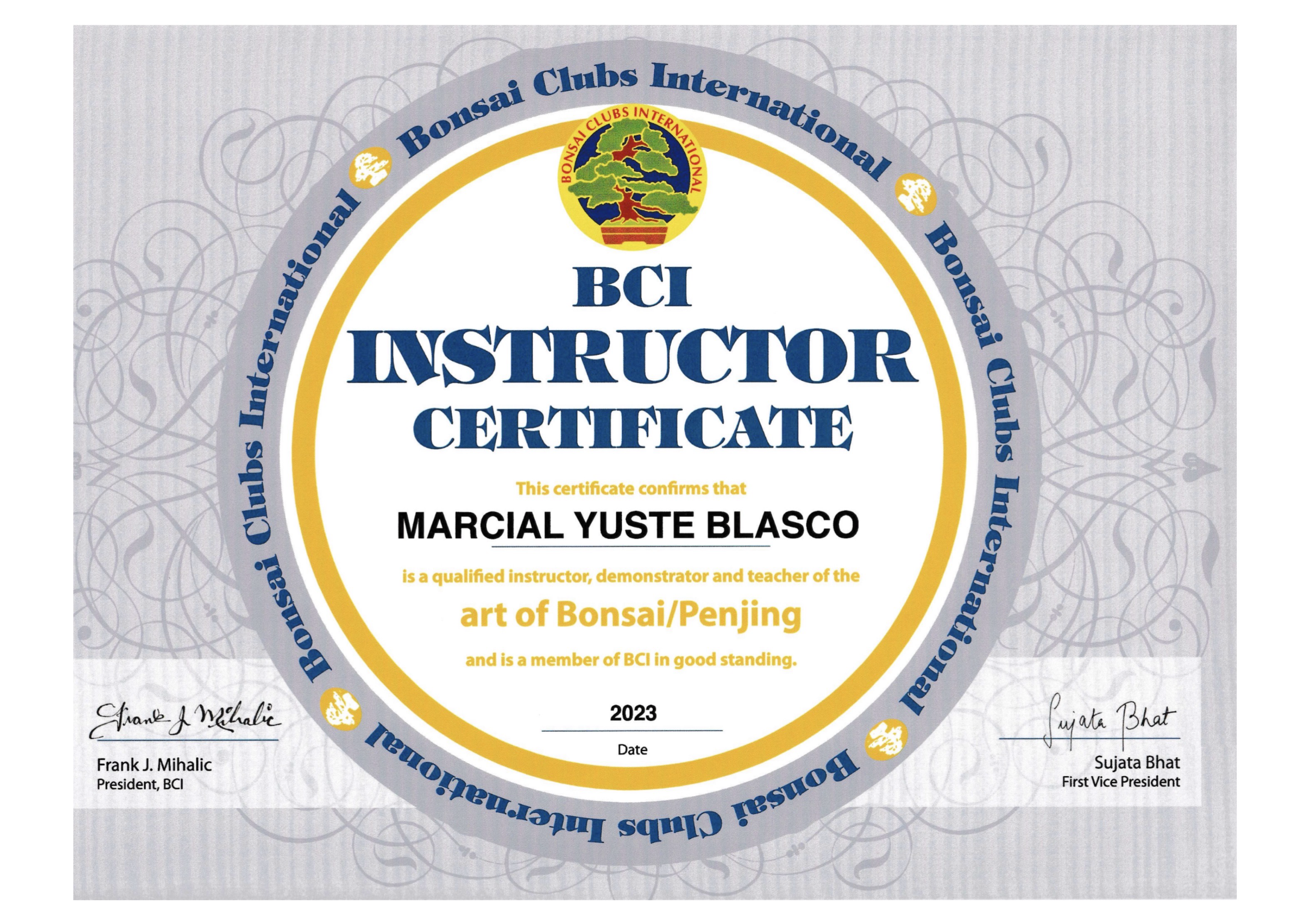 Diploma de Instructor de Bonsái de Bonsai Clubs International, otorgado a Marcial Yuste Blasco (Masaru Buko)