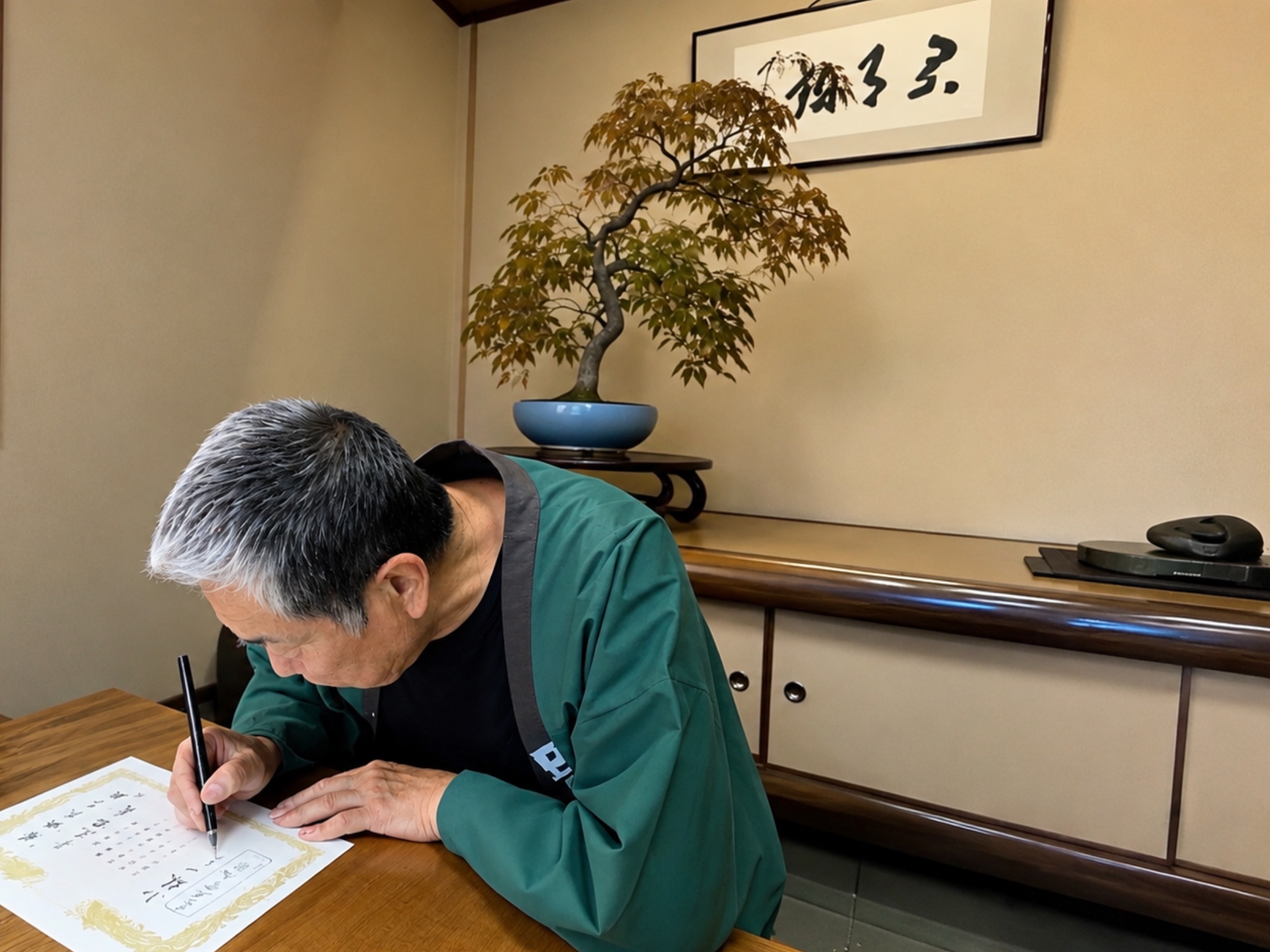 Kobayashi Ippū caligrafiando con pincel y sellando con sus kanji personales el diploma de Marcial Yuste Blasco